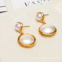 Hand made NEW Design white Classic gold string flat round natural freshwater cultured pearls earrings for girl gift